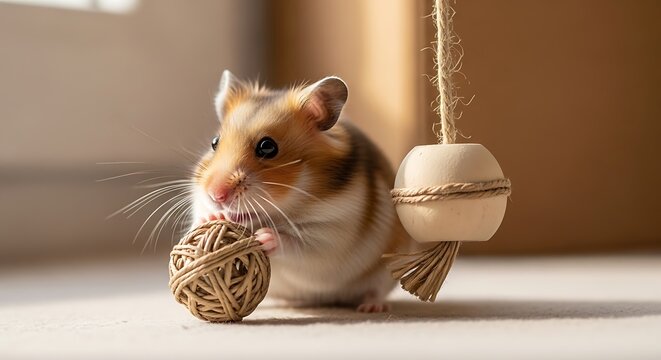 Curious Hamster Playing with Twine Ball and Toy Swing