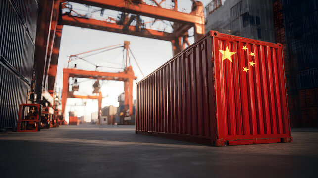 Red shipping container with Chinese flag in industrial port with cranes at sunset.