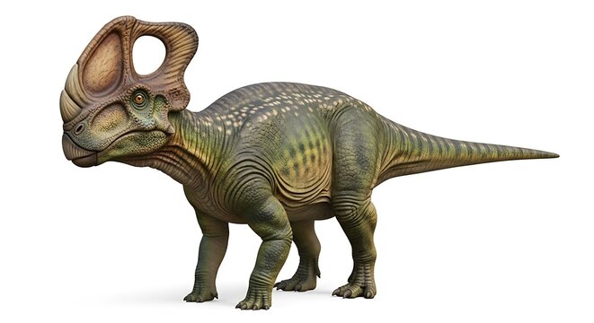 A detailed rendering of a ceratopsian dinosaur with a distinctive head frill and robust body, depicted in a side profile.