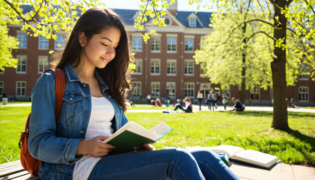 Studentin liest ein Buch auf dem sonnigen Campus
