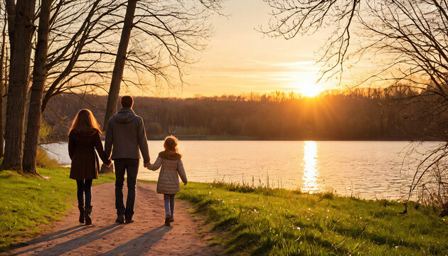 Familie spaziert am See bei Sonnenuntergang