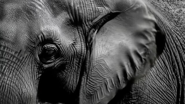 Dramatic grayscale closeup of elephant face texture and details around the eye