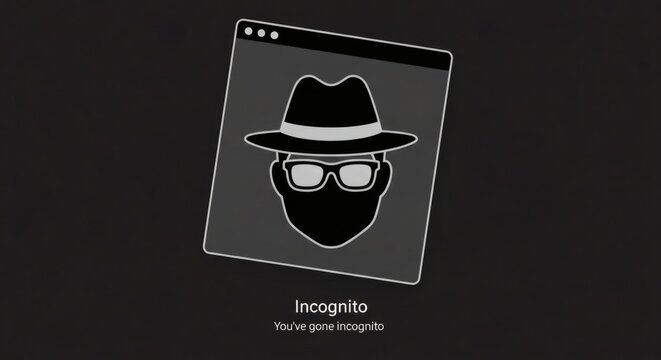 Anonymous hacker in fedora hat and glasses using incognito mode on a digital browser window symbolizing online privacy data security and secret internet browsing on a dark