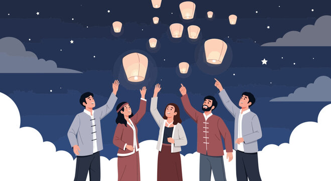 Diverse friends releasing sky lanterns at night, celebrating festival with hope and dreams
