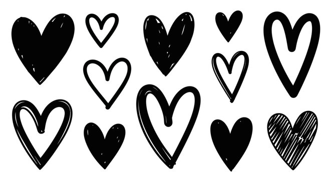 Collection of black and white hearts.