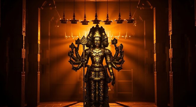Bronze Goddess Statue with Multiple Arms in Dimly Lit Temple