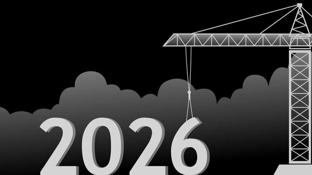 Crane lifting 6 to complete 2026 at sunset animation, Concept animation for year 2026 transition and new year planning