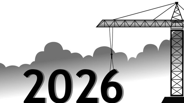 Crane lifting 6 to complete 2026 at sunset animation, Concept animation for year 2026 transition and new year planning