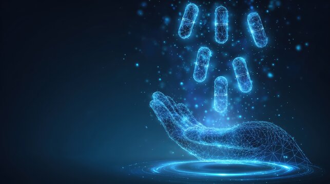 A futuristic digital hand, glowing blue, is catching several luminous capsule pills.