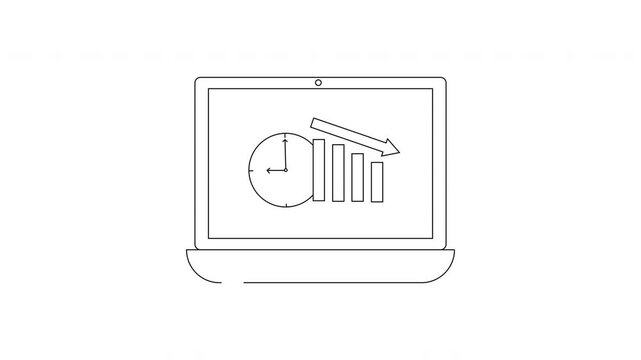 Simple Line Art Laptop Displaying Downward Trend Graph and Clock.