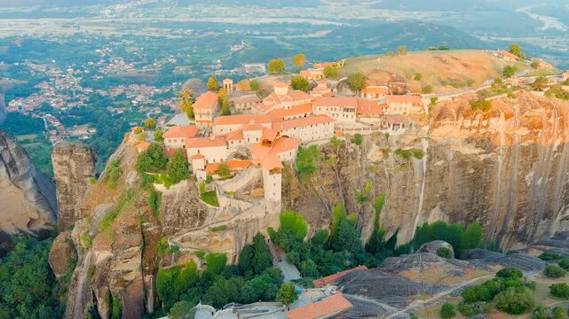 Meteora, Kalabaka, Greece. Monastery of the Transfiguration of the Saviour. Meteora - rocks, up to 600 meters high. There are 6 active Greek Orthodox monasteries listed on the UNESCO list. Drone foot