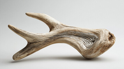 Fototapeta premium Elegant sun-bleached driftwood sculpture presented as a premium art object. Natural weathered wood with graceful organic curves, intricate grain patterns and contrasting smooth/rough textures