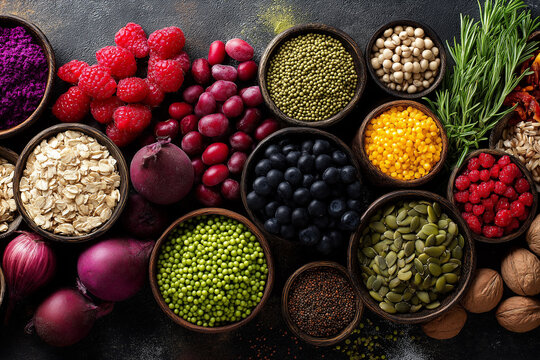 Health food for fitness concept with fruit, vegetables, pulses, herbs, spices, nuts, grains and pulses. High in anthocyanins, antioxidants, smart carbohydrates, omega 3, minerals and vitamins