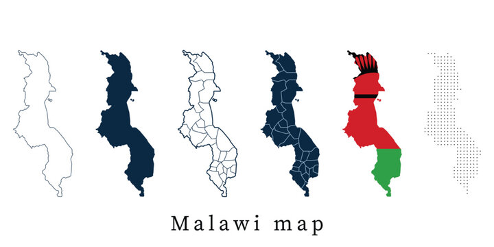 Malawi Map Set - Vector Outline, Silhouette, Flag and Administrative Districts
