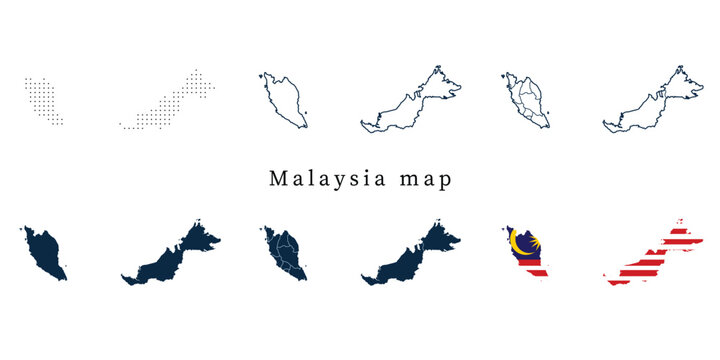 Malaysia Map Set - Vector Outline, Silhouette, Flag and Administrative States