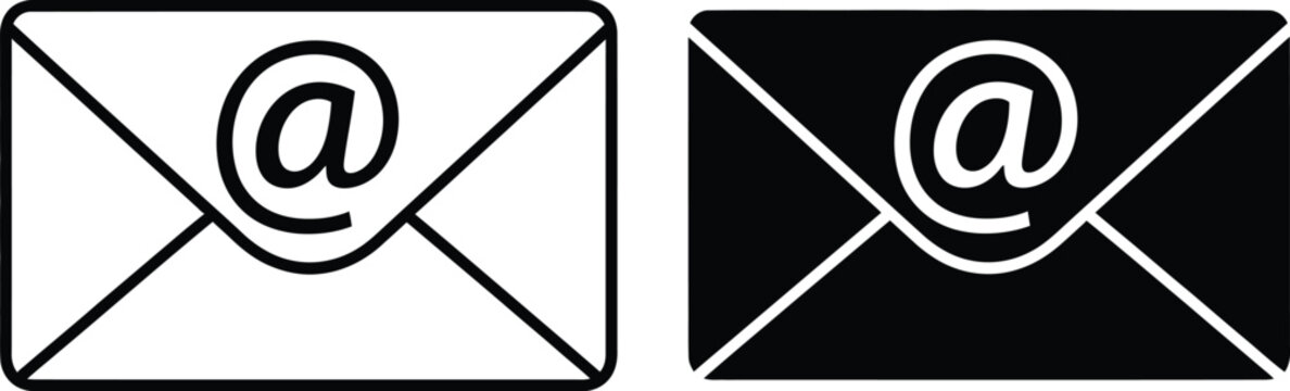Simple black and white illustration of two envelopes with symbols inside