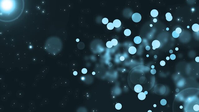 Dark starfield with bright bokeh circles and a glowing lens flare in the upper left, abstract cosmic light scene animation