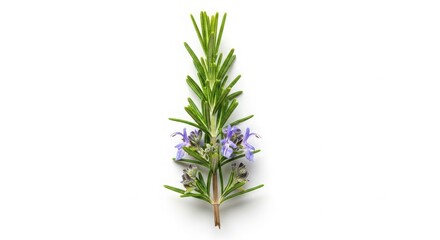 Fototapeta premium Fresh rosemary sprig with delicate purple flowers isolated isolated on white background