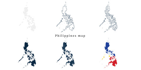 Obraz premium Philippines Map Set - Vector Outline, Silhouette, Flag and Administrative Regions