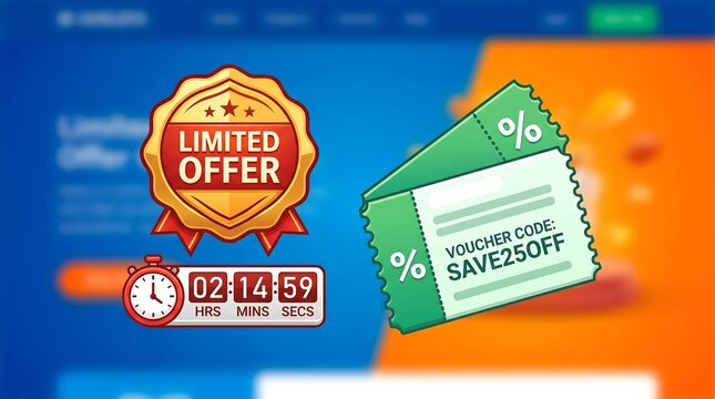 Discount voucher codes are offered on a colorful background with a clock.