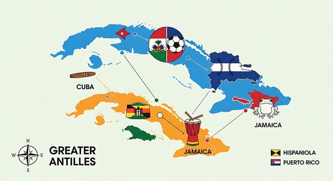 Colorful Map of Greater Antilles and Caribbean Islands