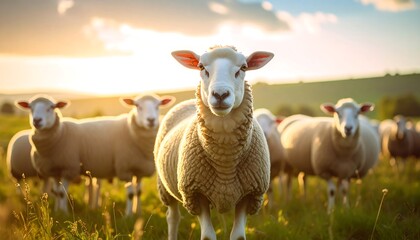 Fototapeta premium Several sheep stand in a field, illuminated by warm sunlight. The animals are focused on the camera. Green grass and the sky are also visible