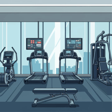 Vector illustration of a modern corporate fitness center interior featuring two treadmills with digital screens, an elliptical machine, a weight bench, and a multi-gym station.