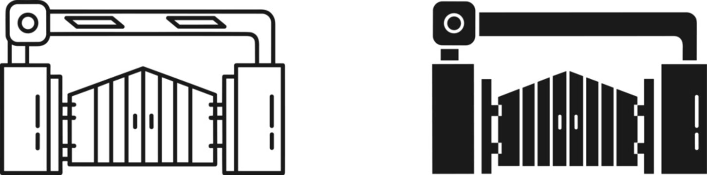 Automatic gate system icons, security barrier arm and entrance gate vector set, industrial access control equipment in black and white line art