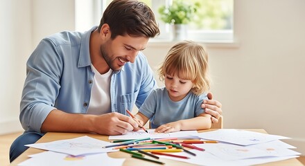 Fototapeta premium Friendly Father and Child Drawing Together at Table