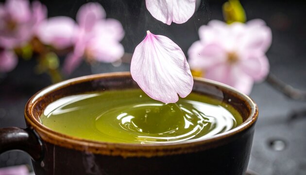 Serene Matcha Tea with Falling Cherry Blossom Petals.