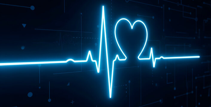 Glowing blue EKG heartbeat line with heart symbol on dark digital background