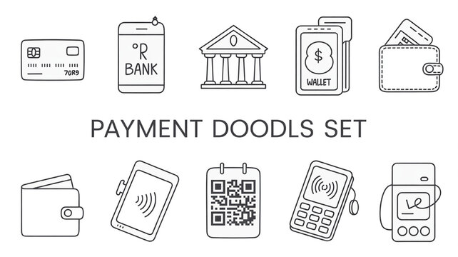 Payment doodles set including credit cards wallets bank and mobile payment icons for financial apps and web design isolated on white