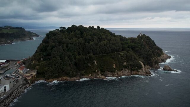 San Anton mounatin in Getaria village, Basque Country. High quality 4k drone footage