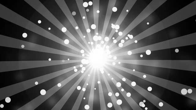 Monochrome radial light burst background animation, Radial burst with bokeh dots on dark gray sunburst background