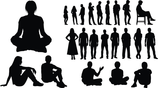 People silhouettes collection standing sitting and meditation poses human figures black vector illustration set