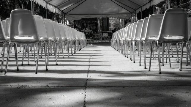 Empty Chairs, Waiting for the Moment: Rows of chairs meticulously arranged under a canopy, casting long shadows, hint at an imminent gathering. The scene evokes a sense of anticipation and readiness.