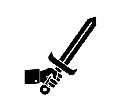 A hand holding a sword, signifying strength, power, and combat in a stylized black and white illustration