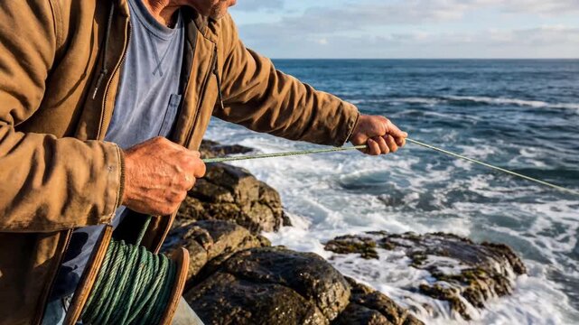 Man handline fishing from rocky shore by ocean, pulling line in surf, coastal activity, outdoor leisure, traditional method, travel experience and seaside lifestyle