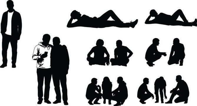 People silhouettes set various poses standing sitting squatting relaxing social interaction human figures isolated on white