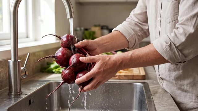 Person washing fresh beetroots under running water in kitchen sink, food preparation at home, healthy cooking, hygiene practice, natural ingredients and nutrition concept