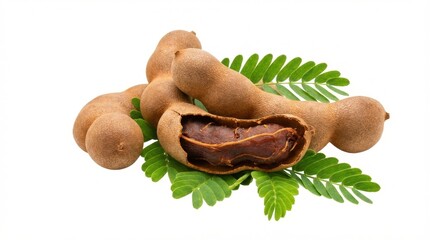 Fototapeta premium Freshly harvested tamarind fruits with green leaves, a delicious and healthy tropical treat.