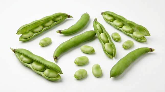 Freshly harvested broad beans and pods, a vibrant display on a white surface.
