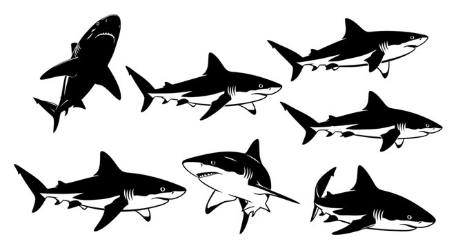 Set of Black and White Shark Silhouettes in Various Poses