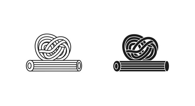 Knot, rope, and cylinder icons, line art and solid black, vector graphics
