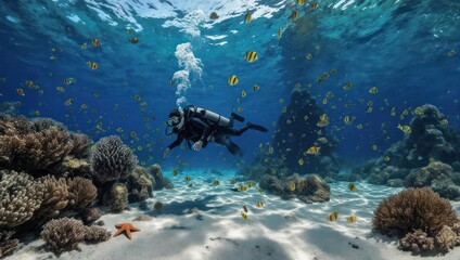 Fototapeta premium Scuba diver in vibrant coral reef