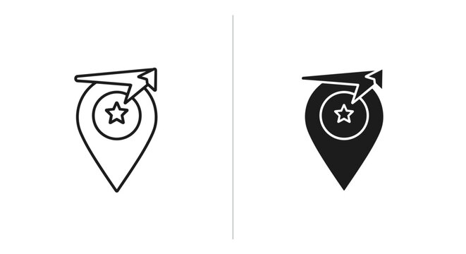 Map pin icons, location symbols, navigation signs, star markers, black and white graphics