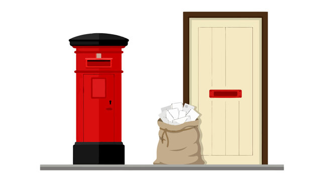 A red British style post box next to a mail bag and door.