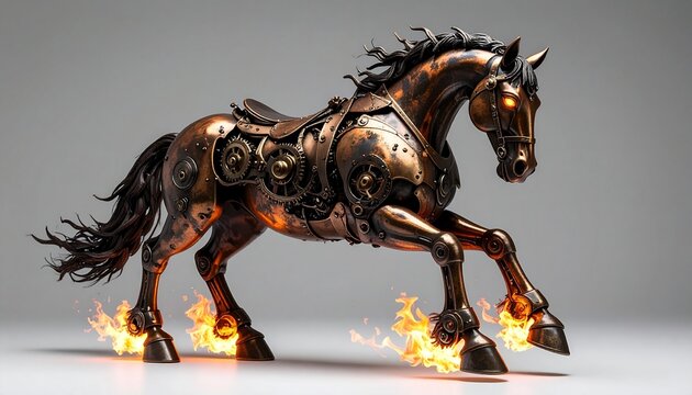 Steampunk Horse with Fiery Hooves - A Fusion of Technology and Nature.