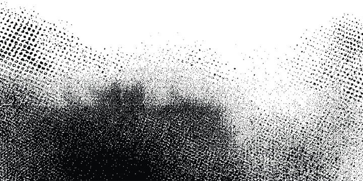 Halftone dot pattern vector texture with monochrome splatter effect featuring a gradient from dense to sparse dots abstract background black white circular geometric illustration