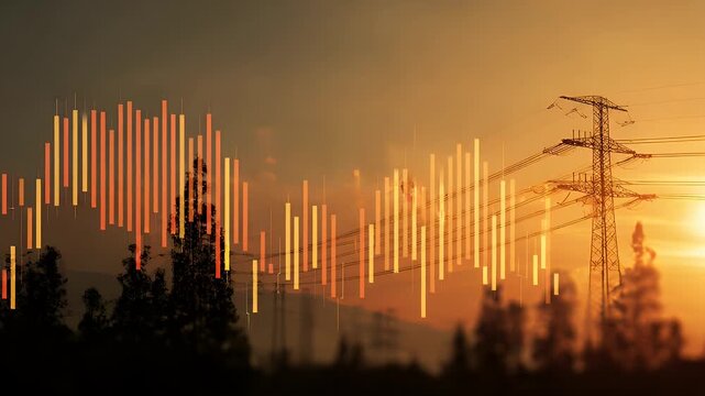 Industrial power lines silhouetted against sunset sky with glowing stock market graph data overlay representing energy prices utility trading volatility sustainable resources and electricity.